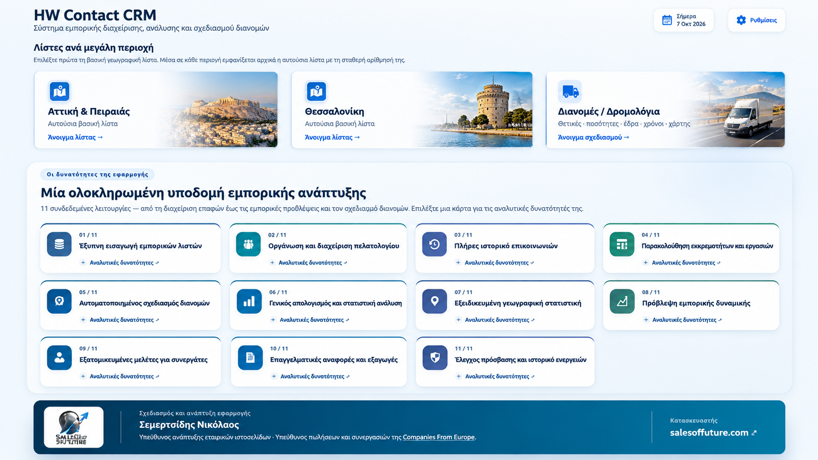 HW Contact CRM - παρουσίαση των λειτουργιών διαχείρισης πελατολογίου, εμπορικής ανάλυσης και σχεδιασμού διανομών